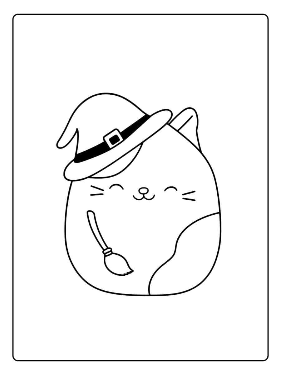 Kleurplaat Squishmallow kat verkleed als heks voor Halloween