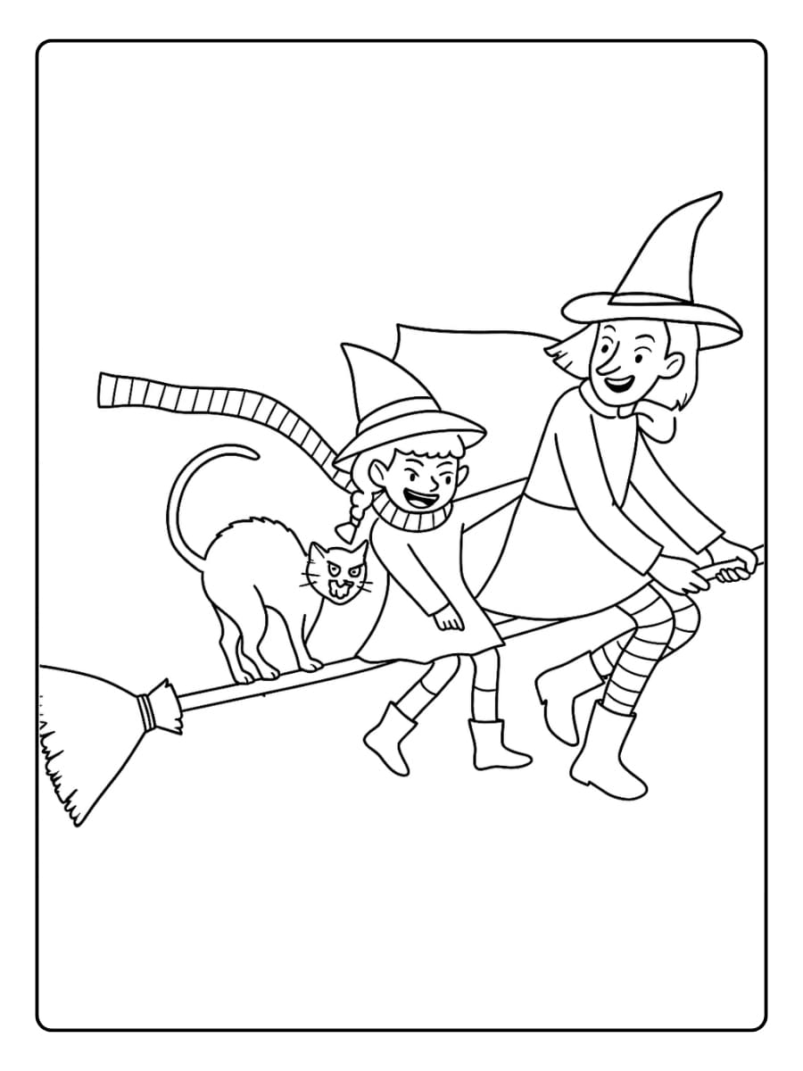 Kleurplaat Twee heksen vliegen lachend op een bezem met een zwarte kat