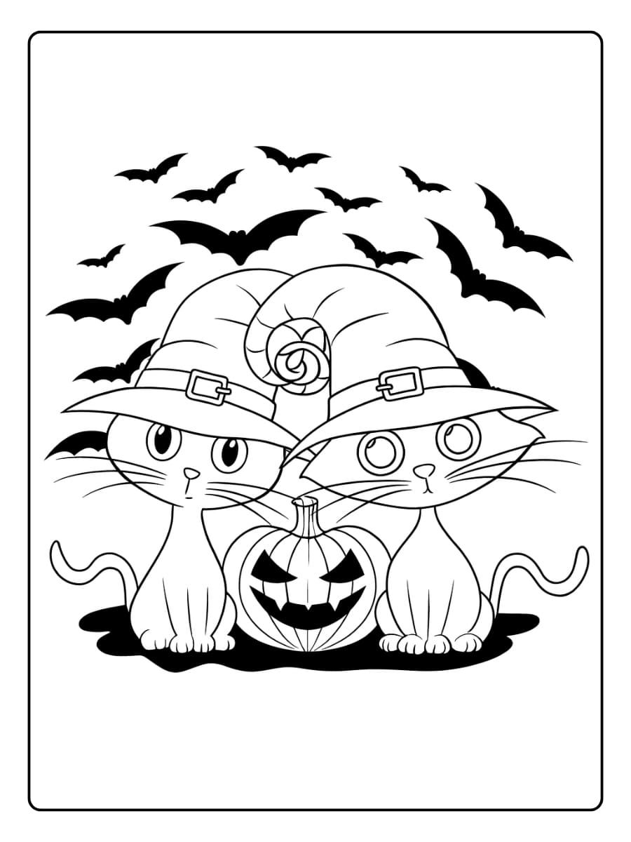 Kleurplaat Twee schattige Halloween kat met heksenhoeden zitten naast een pompoen Kleurplaat Twee schattige Halloween kat met heksenhoeden zitten naast een pompoen