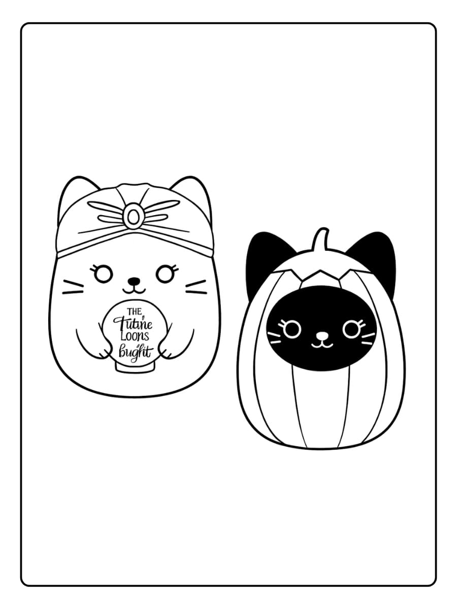 Kleurplaat Twee schattige Squishmallows verkleed voor Halloween