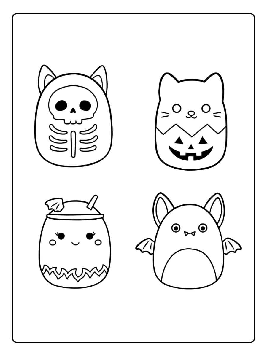 Kleurplaat Vier schattige Squishmallows verkleed voor Halloween