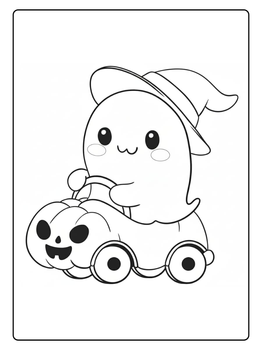 Kleurplaat Vriendelijk spook in een pompoenwagen