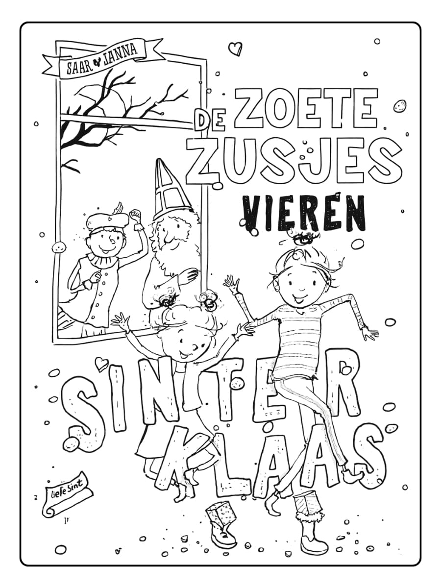 Kleurplaat Zoete Zusjes dansen vrolijk terwijl ze Sinterklaas vieren
