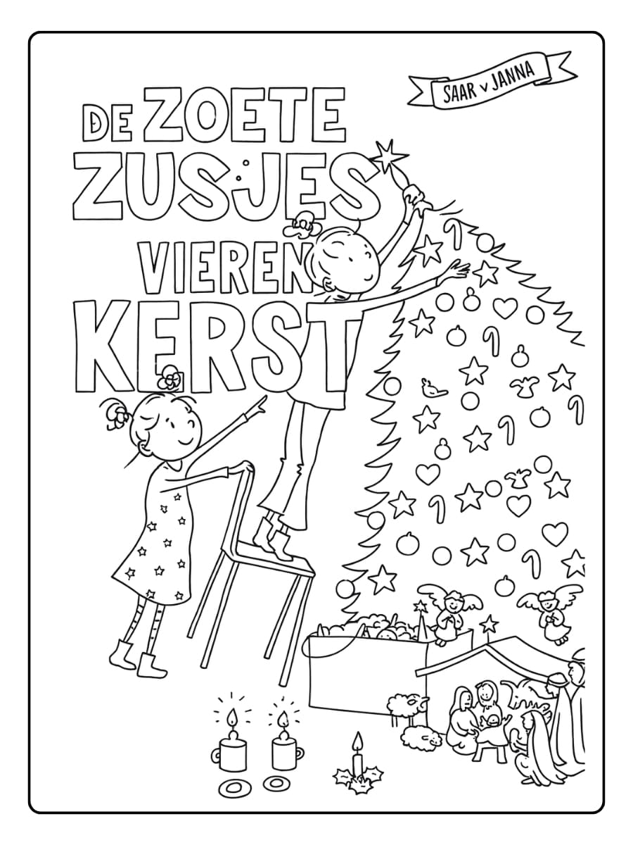Kleurplaat Zoete Zusjes versieren samen de kerstboom