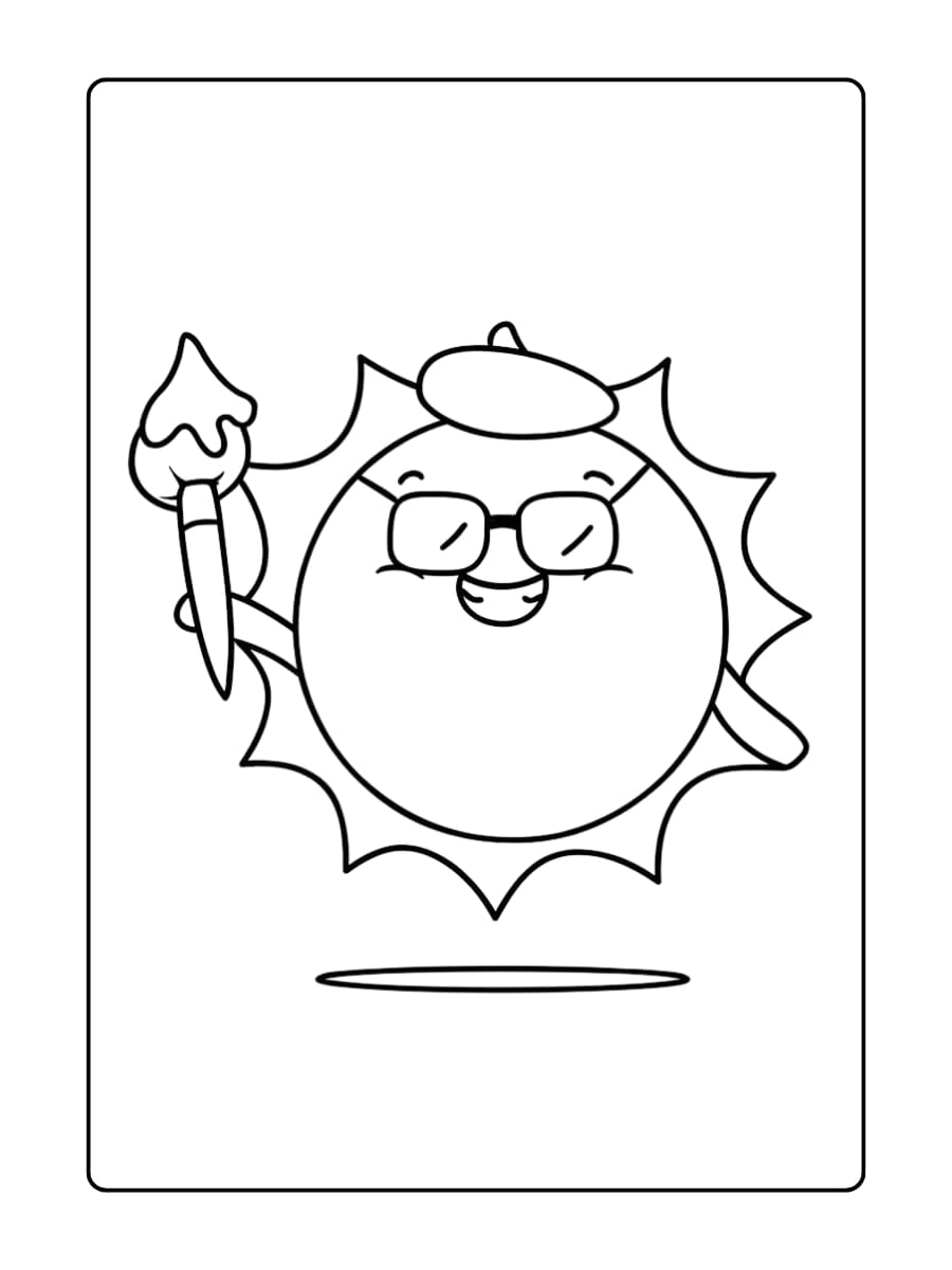 Kleurplaat Zon met baret, zonnebril en penseel