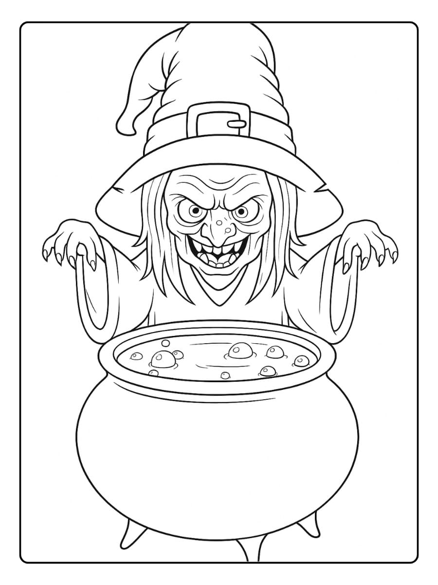 Kleurplaat boze heks roert een borrelende ketel vol toverdrank