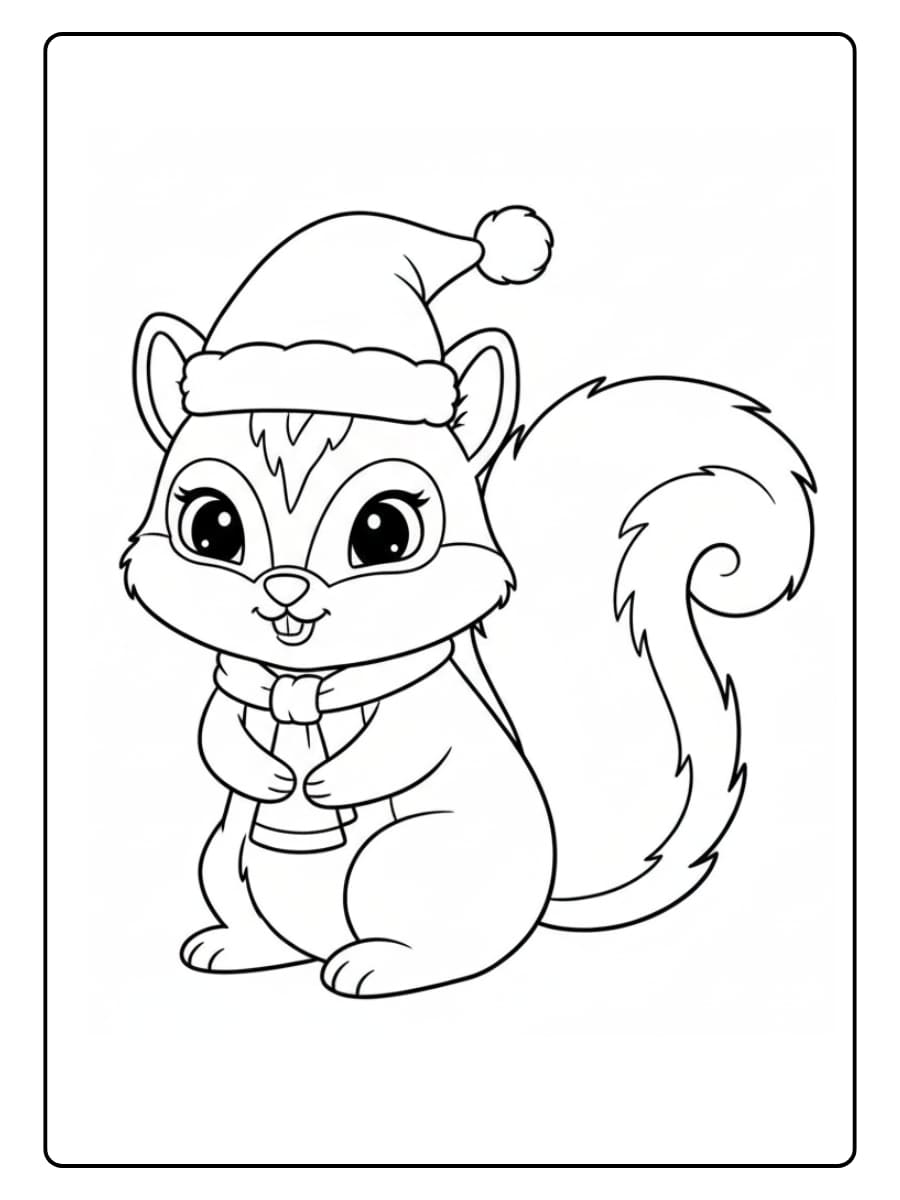 Kleurplaat eekhoorn met kerstmuts