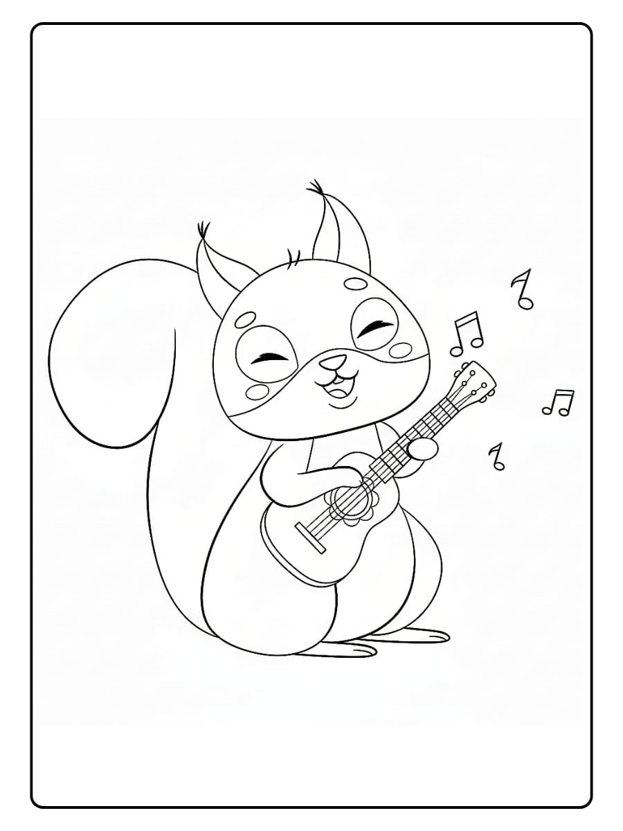 Kleurplaat eekhoorn zingende eekhoorn met een gitaar