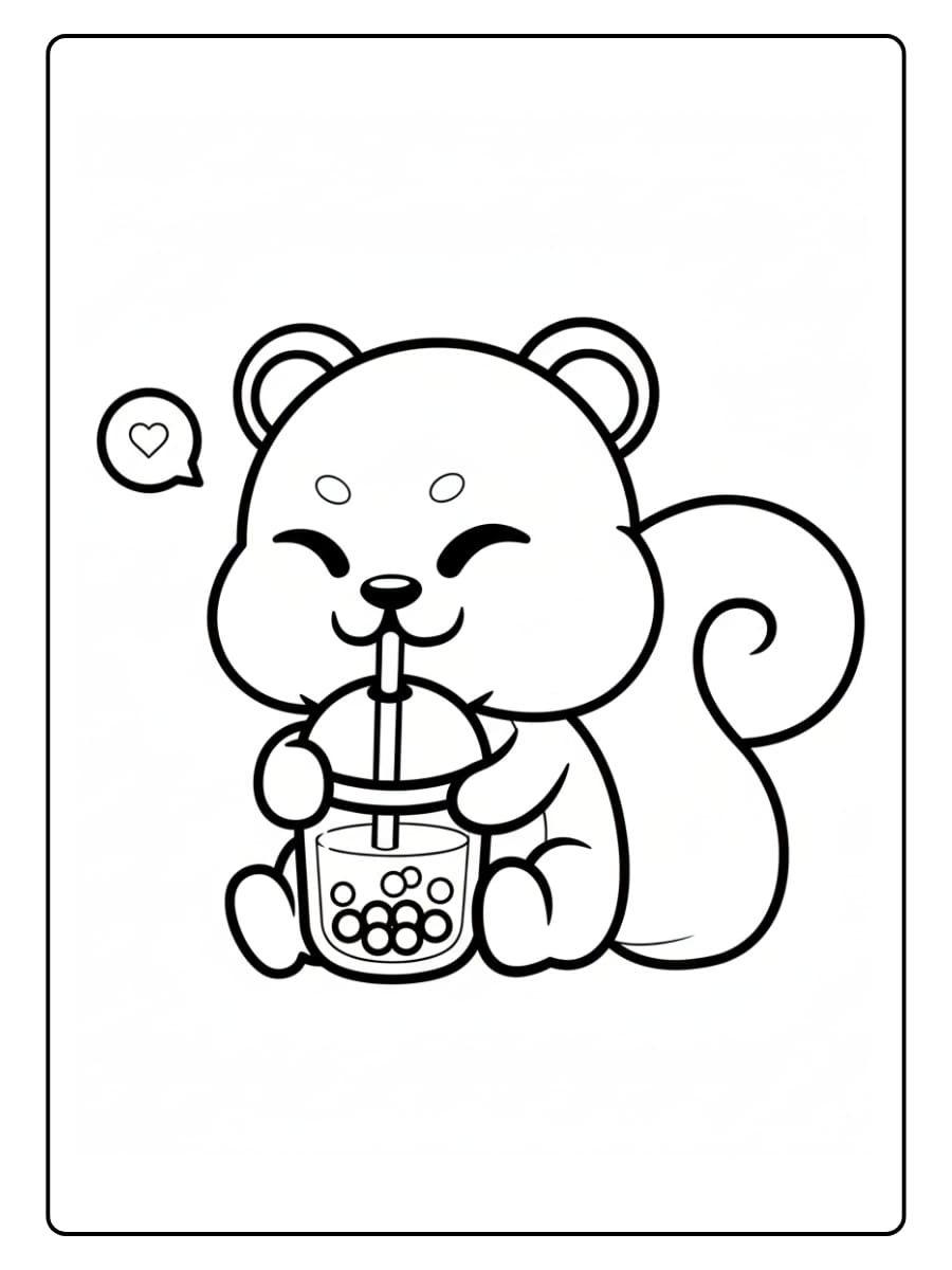 Kleurplaat een blije eekhoorn drinkt boba tea