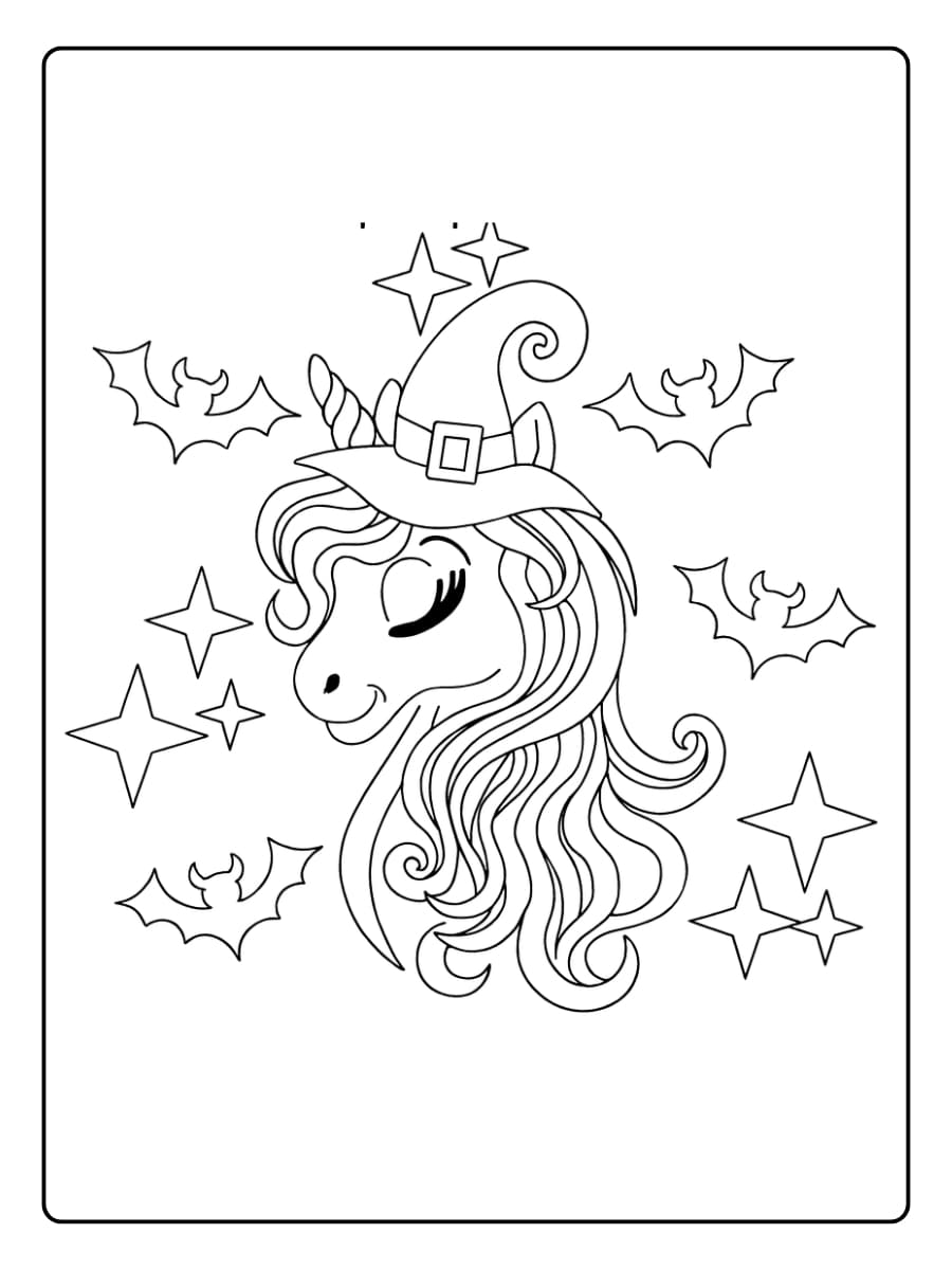 Kleurplaat eenhoornhoofd met halloween