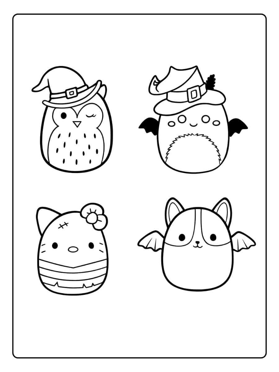 Kleurplaat grappige Squishmallows in Halloweenstijl