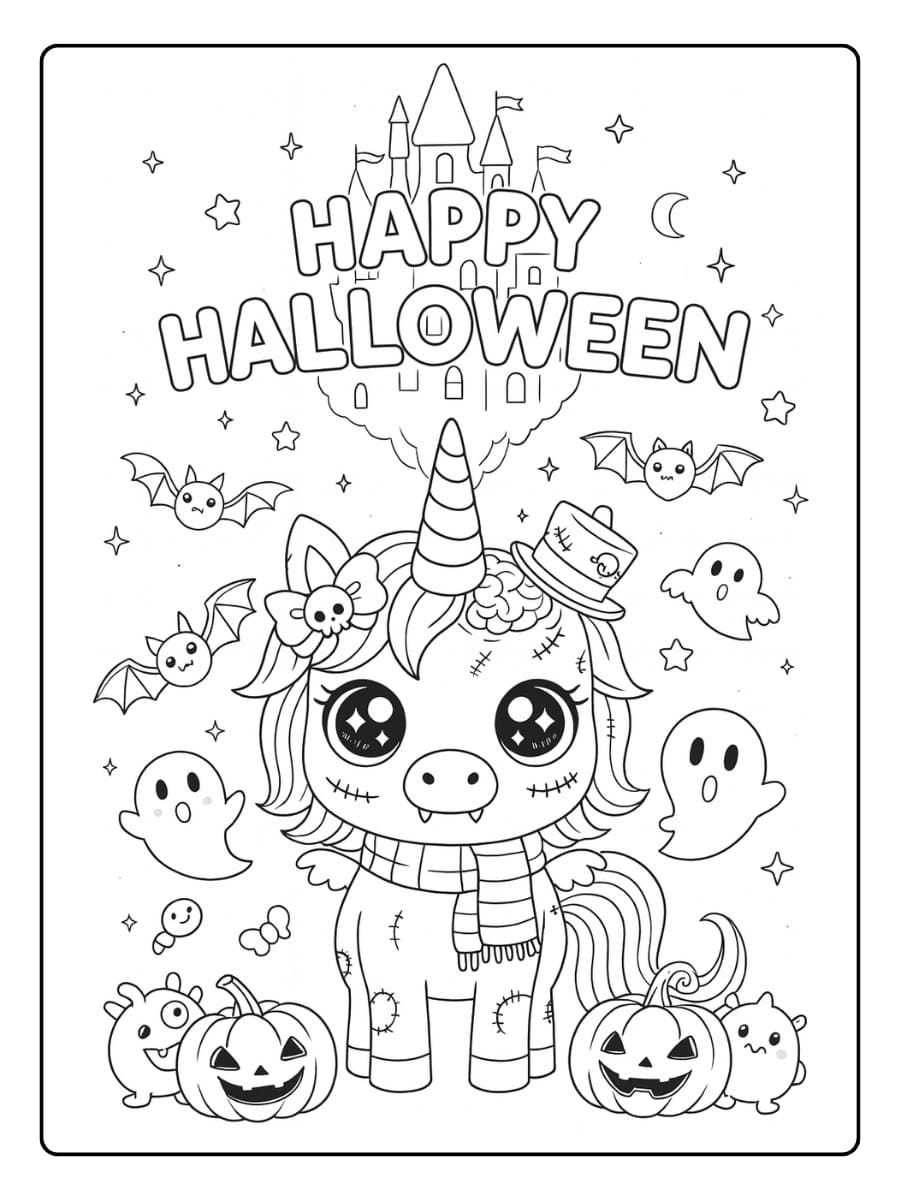Kleurplaat halloween unicorn tussen geesten, vleermuizen en pompoenen