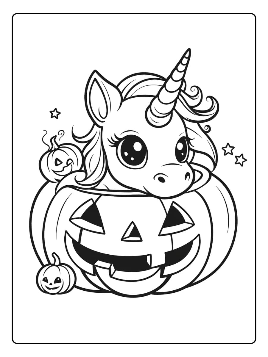 Kleurplaat halloween unicorn verstopt in een pompoen