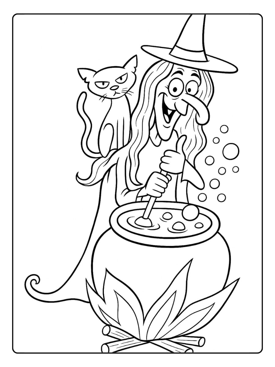 Kleurplaat heks roert lachend in haar borrelende ketel met een zwarte kat naast zich