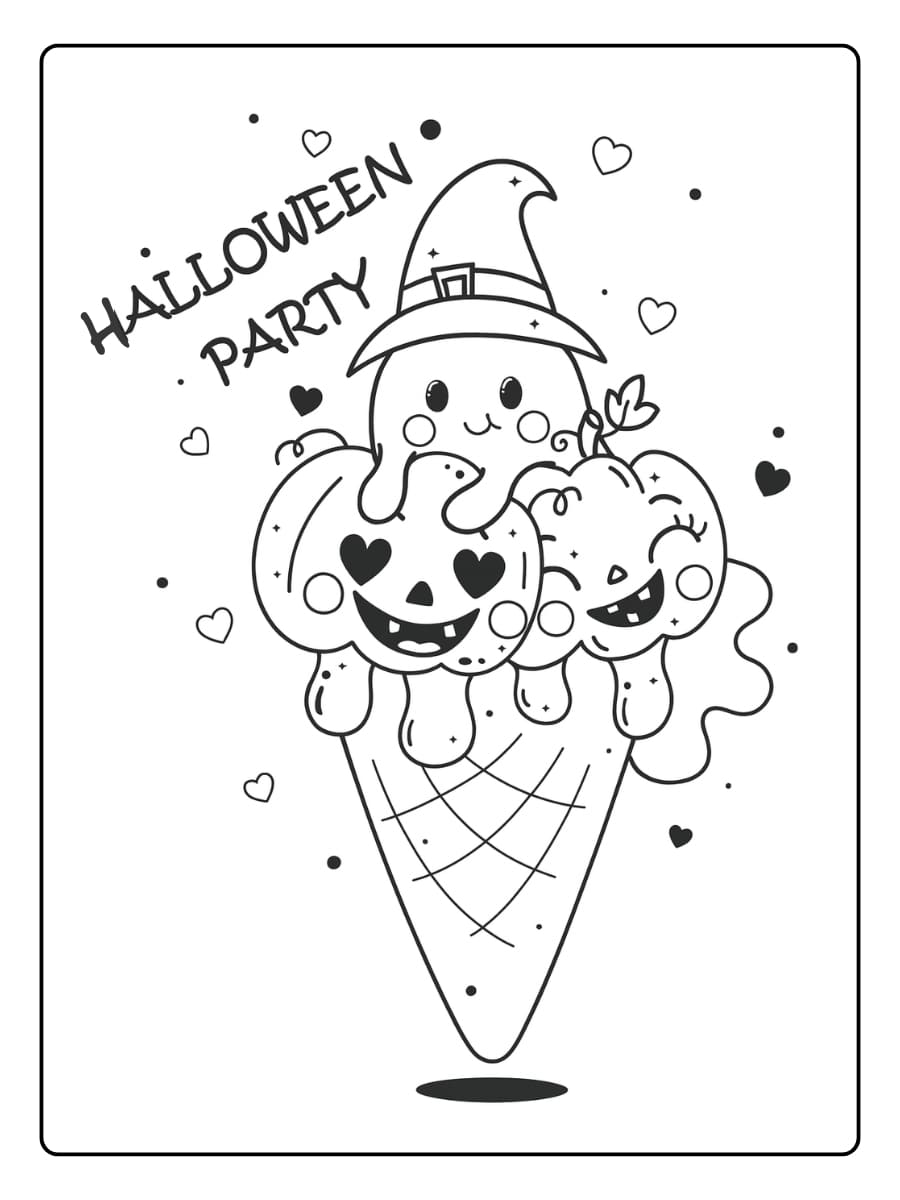 Kleurplaat heks spookje zit bovenop een ijsje met lachende pompoenen