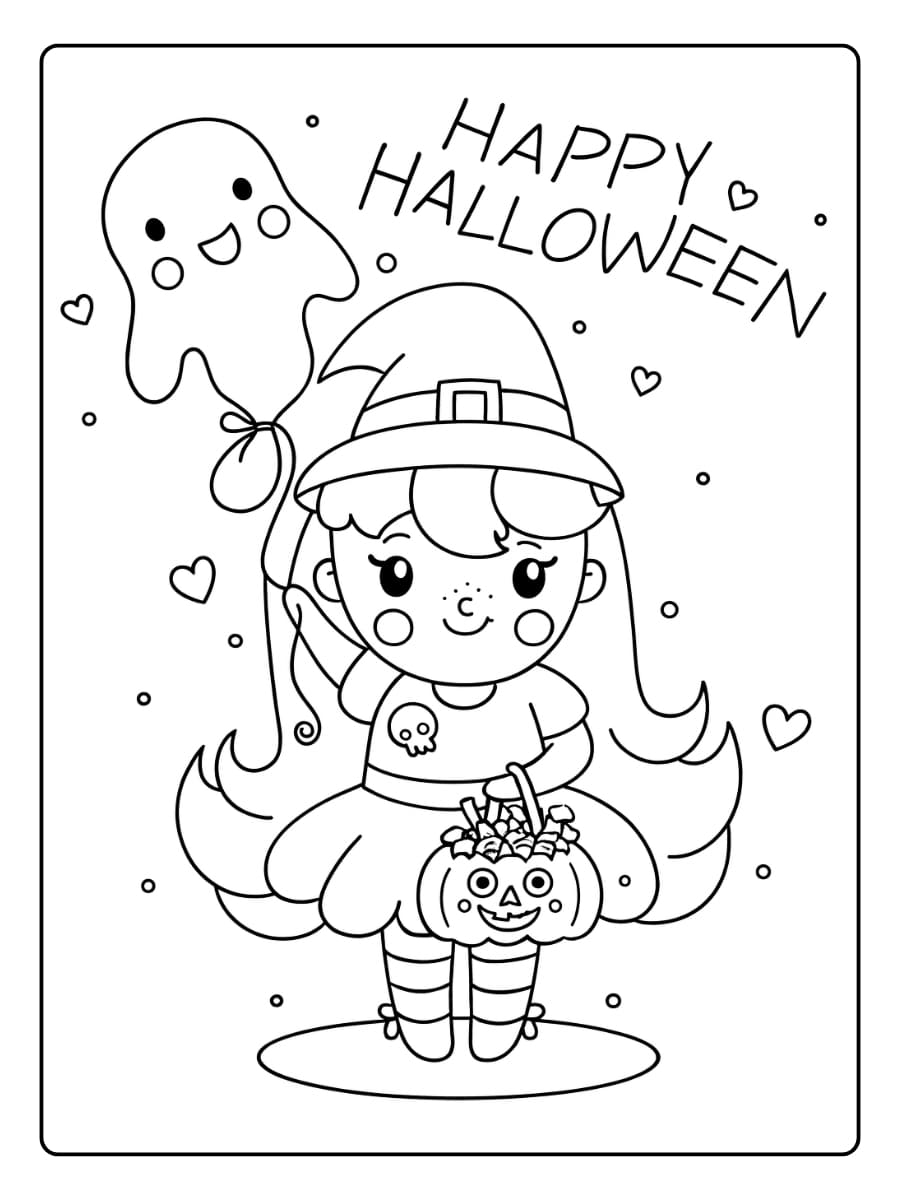 Kleurplaat heks viert Halloween met een pompoenemmer en een spookballon