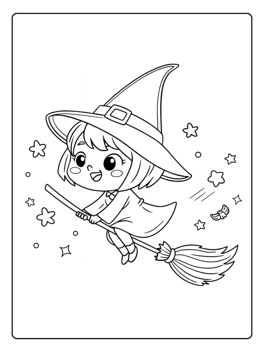 Kleurplaat heks vliegt op haar bezem door de nacht