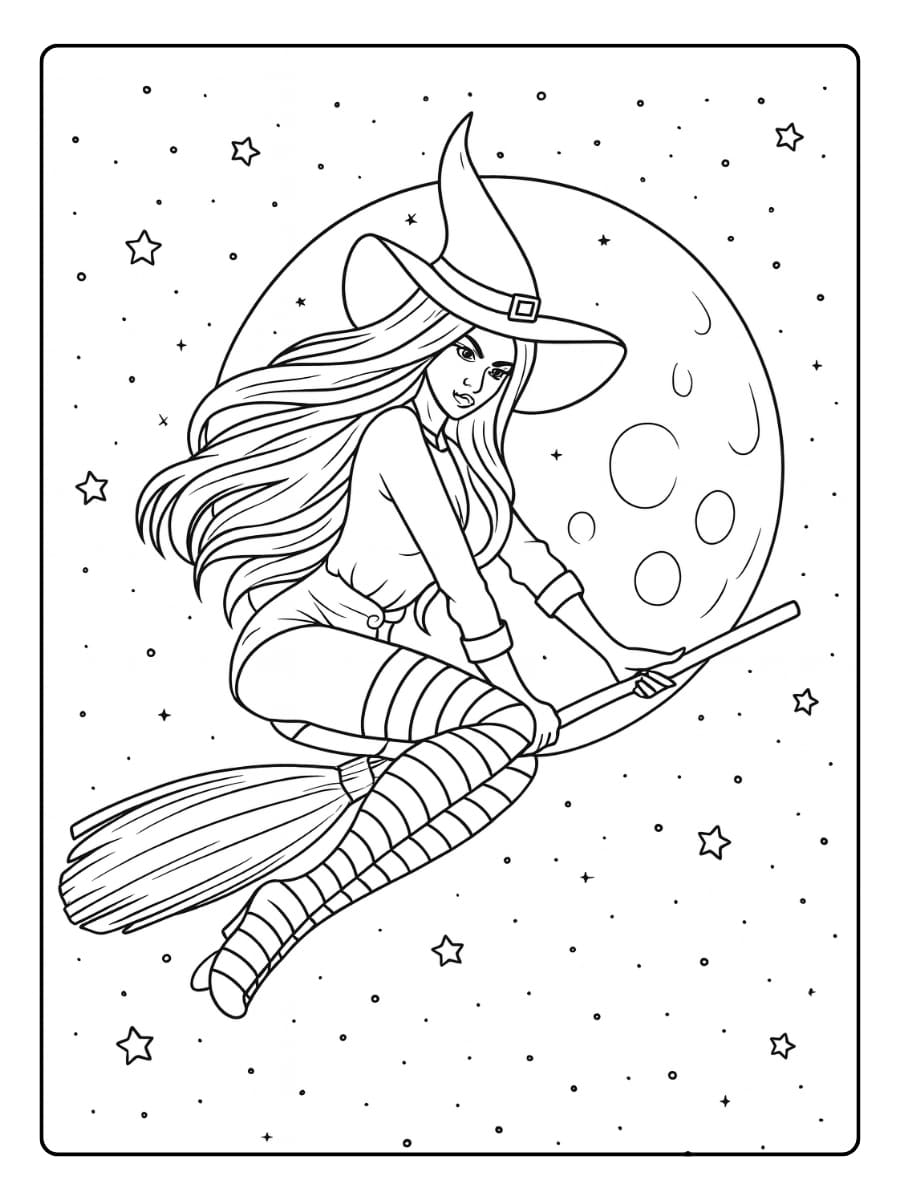 Kleurplaat heks vliegt op haar bezemsteel voor de volle maan