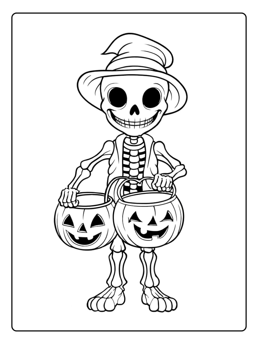 Kleurplaat lachend skelet met een heksenhoed houdt twee pompoenemmer vast voor Halloween Kleurplaat lachend skelet met een heksenhoed houdt twee pompoenemmer vast voor Halloween