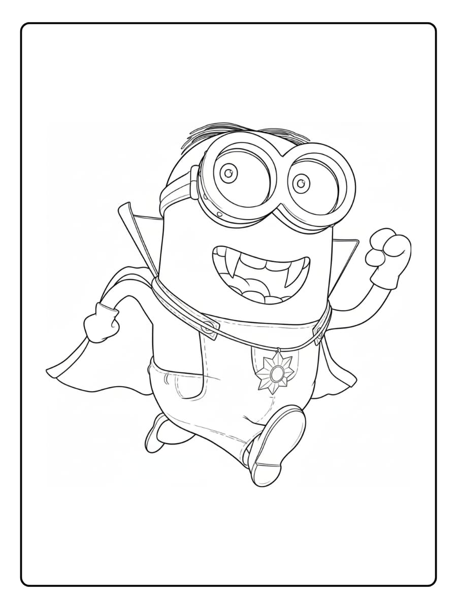 Kleurplaat lachende Minion in vampierkostuum Kleurplaat lachende Minion in vampierkostuum
