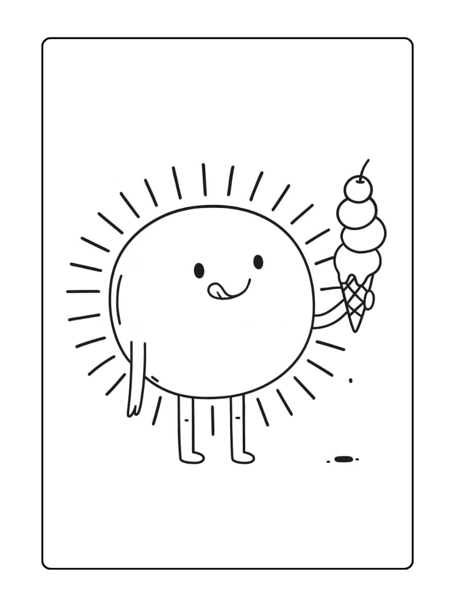 Kleurplaat lachende zon houdt een groot ijsje vast