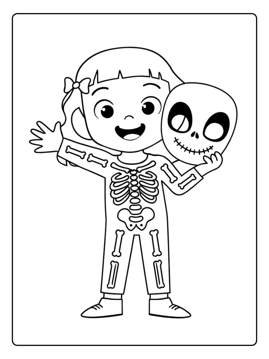 Kleurplaat meisje in een skeletkostuum met een schedelmasker
