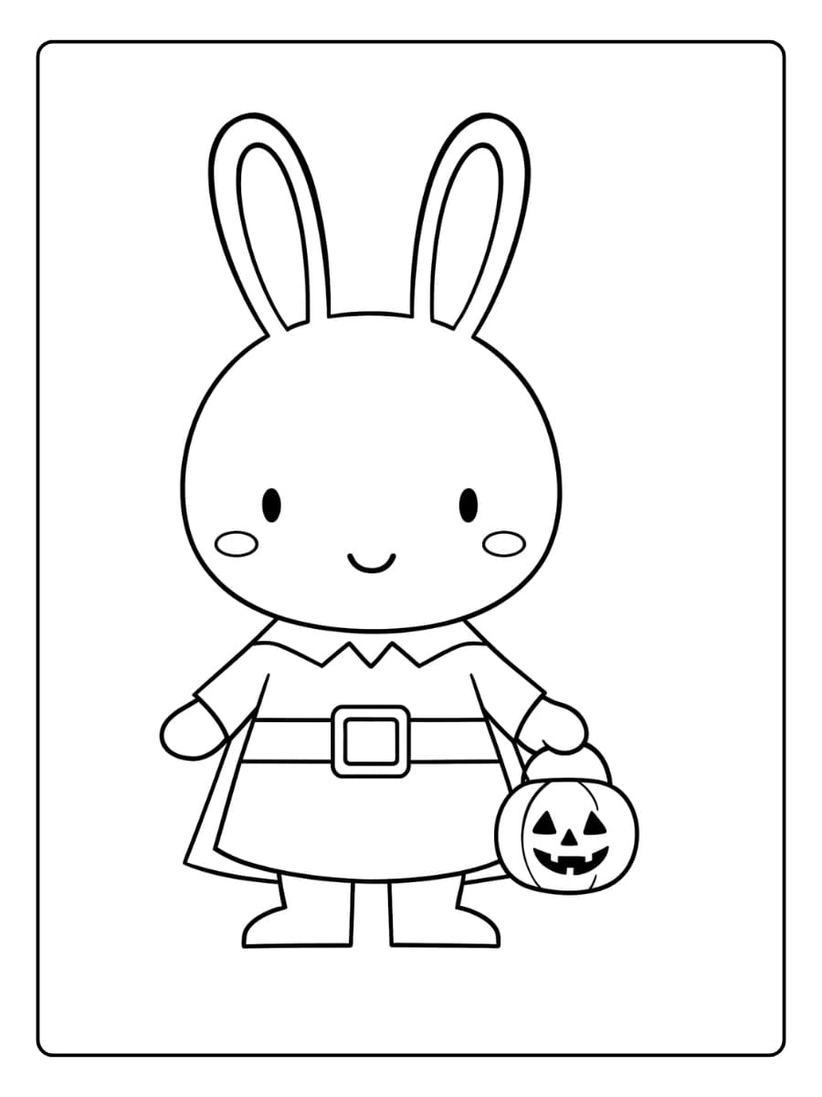 Kleurplaat schattig konijntje verkleed voor Halloween met een pompoenemmer Kleurplaat schattig konijntje verkleed voor Halloween met een pompoenemmer