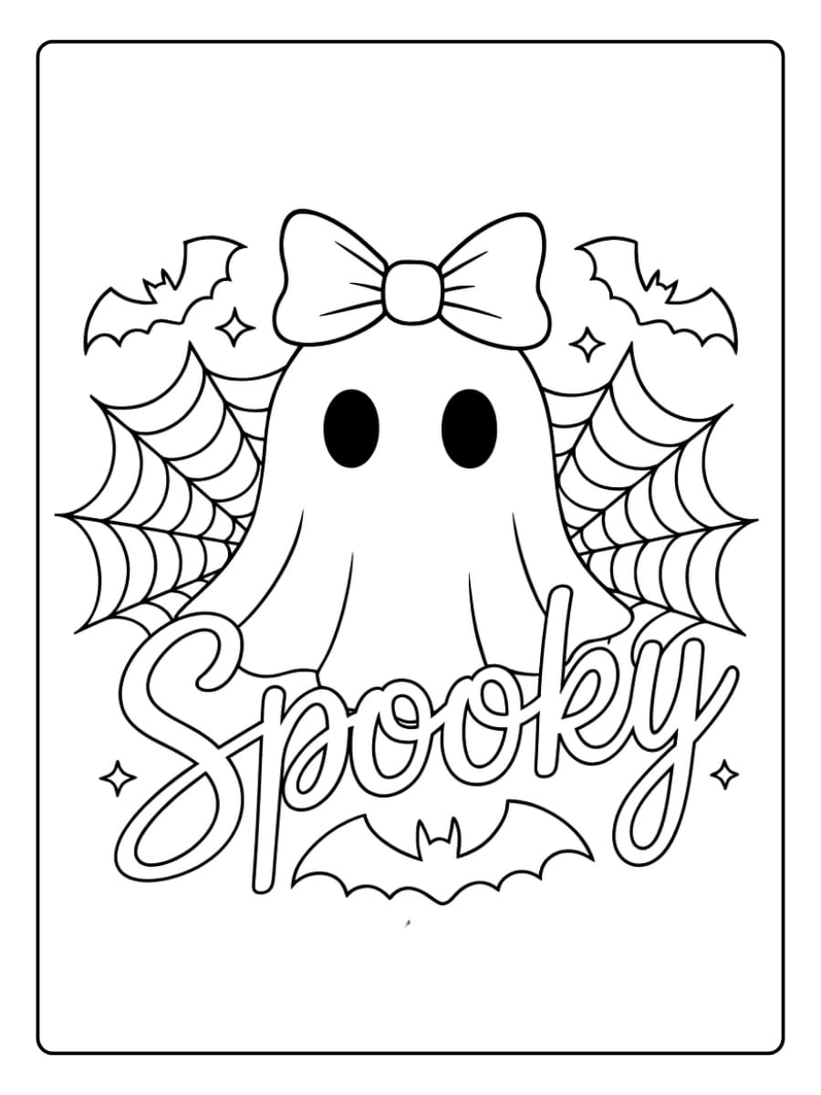 Kleurplaat schattig spook met een grote strik en spinnenwebben