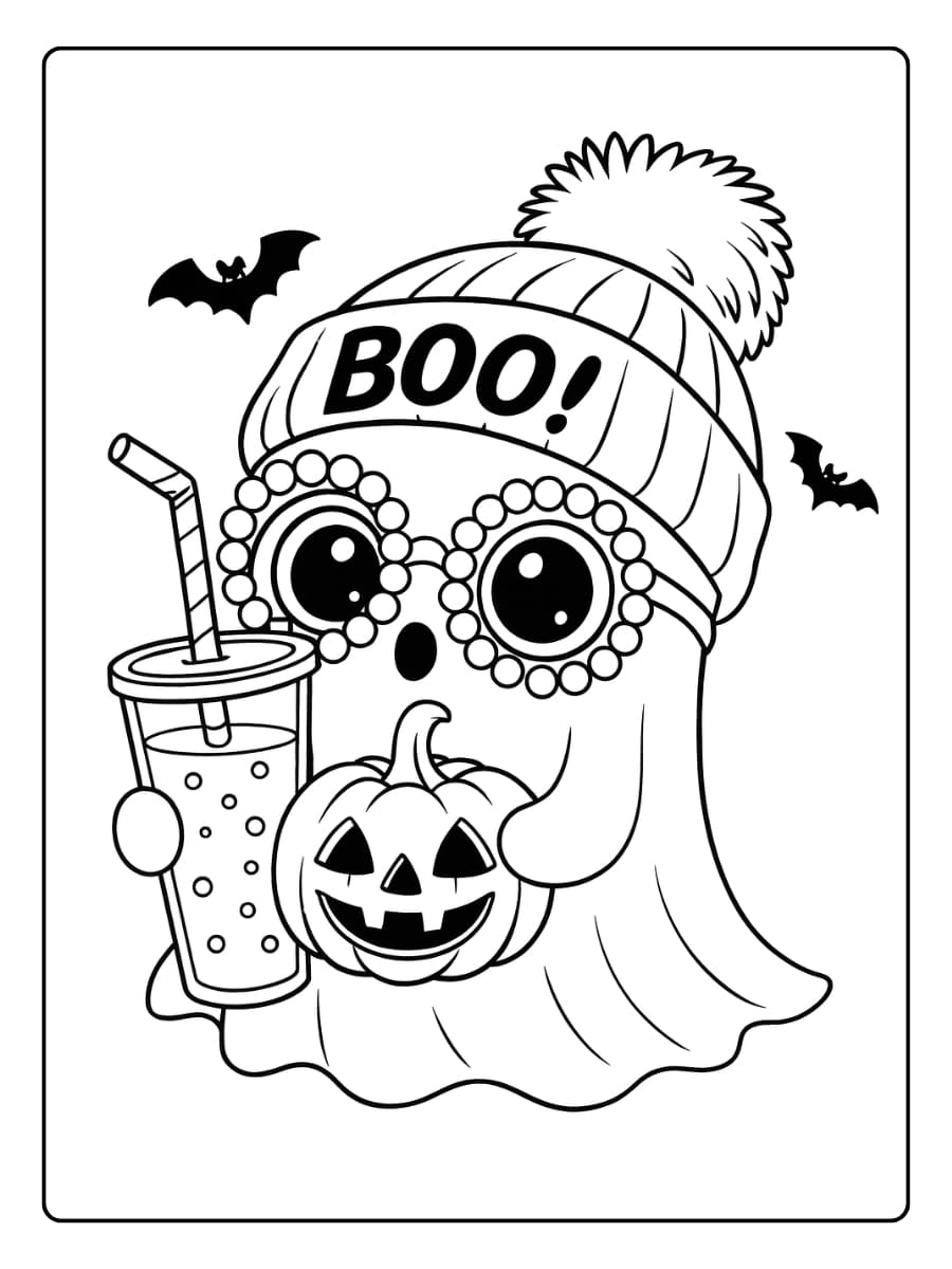 Kleurplaat schattig spookje viert Halloween met een pompoen en een drankje