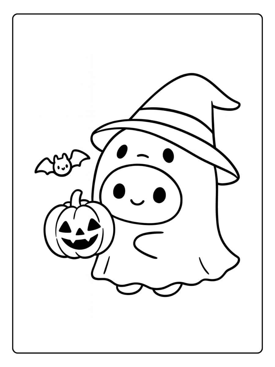 Kleurplaat schattig spookje viert Halloween met een pompoen Kleurplaat schattig spookje viert Halloween met een pompoen