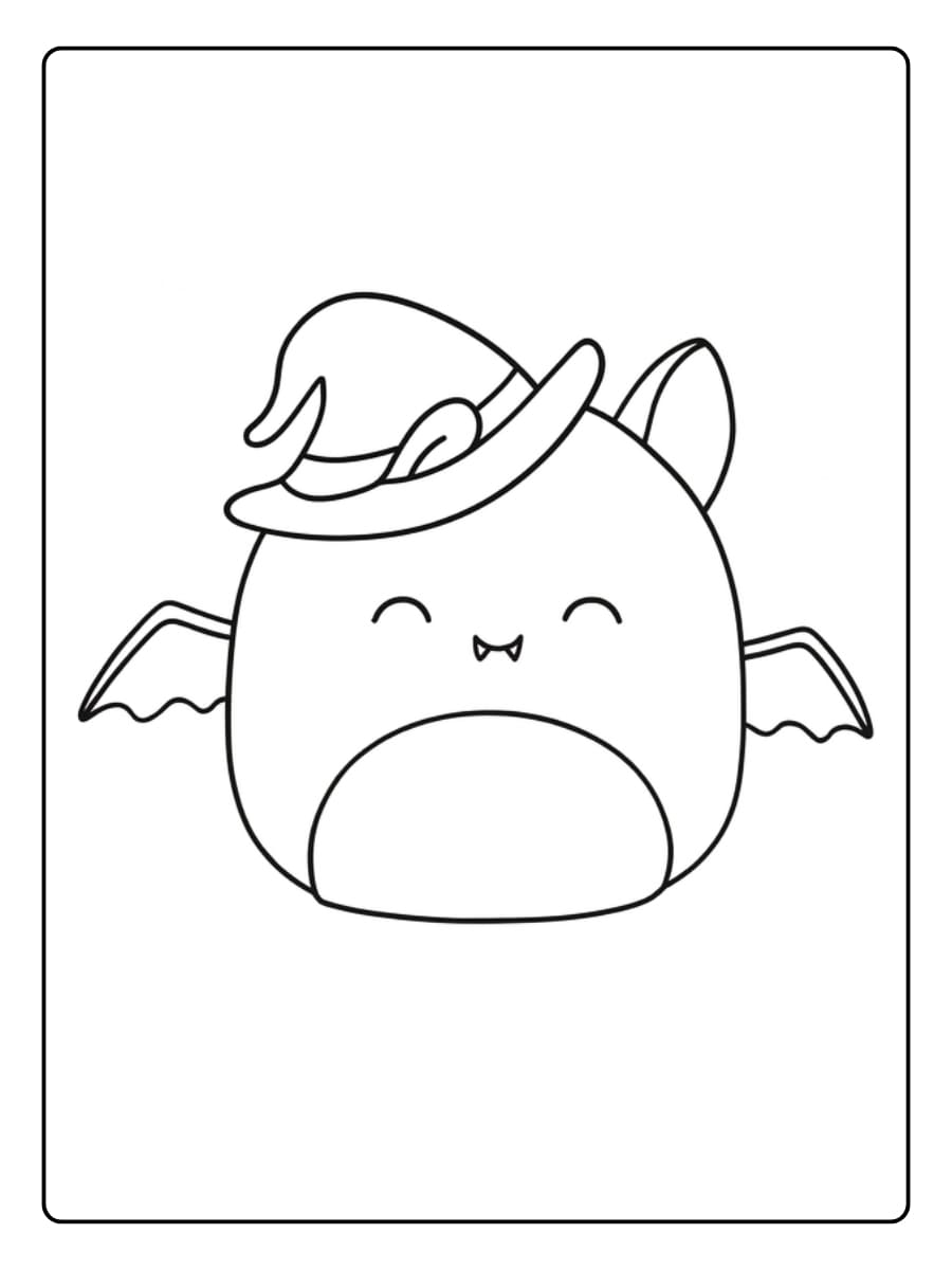 Kleurplaat schattige Squishmallow vleermuis verkleed voor Halloween