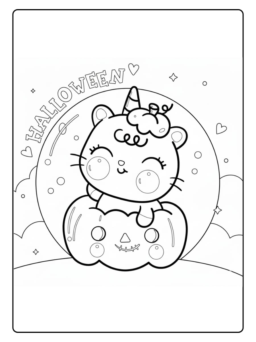 Kleurplaat schattige eenhoorn kat in een Halloween pompoen