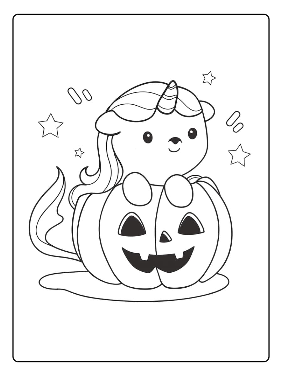 Kleurplaat schattige halloween unicorn in een pompoen