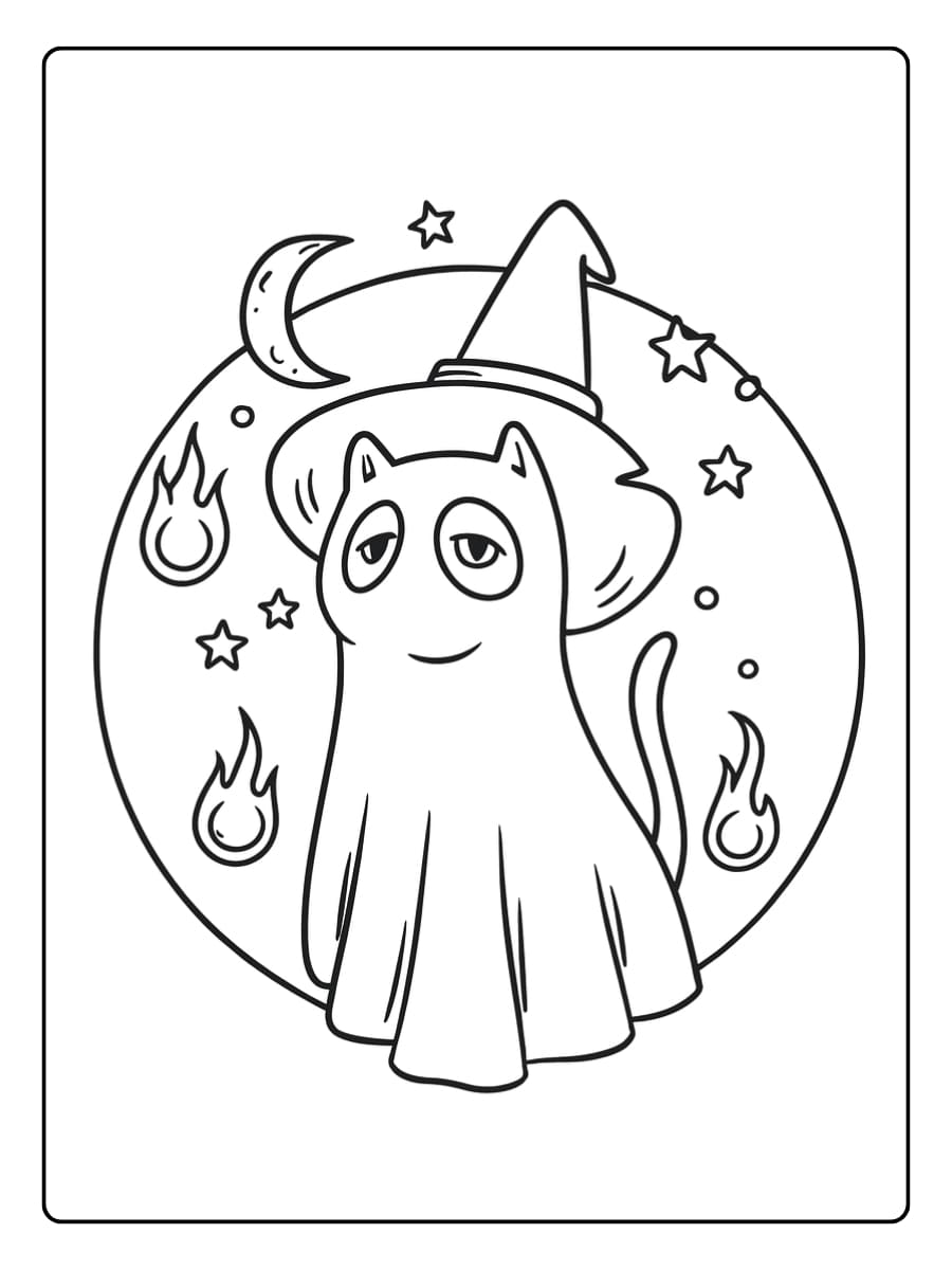 Kleurplaat schattige kat in een spookkostuum viert Halloween onder de maan en sterren Kleurplaat schattige kat in een spookkostuum viert Halloween onder de maan en sterren