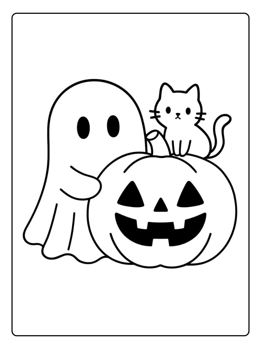 Kleurplaat spook met een pompoen en een katje erop Kleurplaat spook met een pompoen en een katje erop