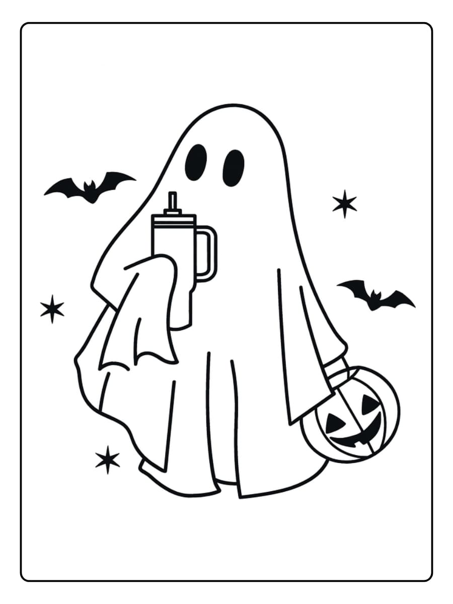 Kleurplaat spook met een pompoenemmer en drankje viert Halloween
