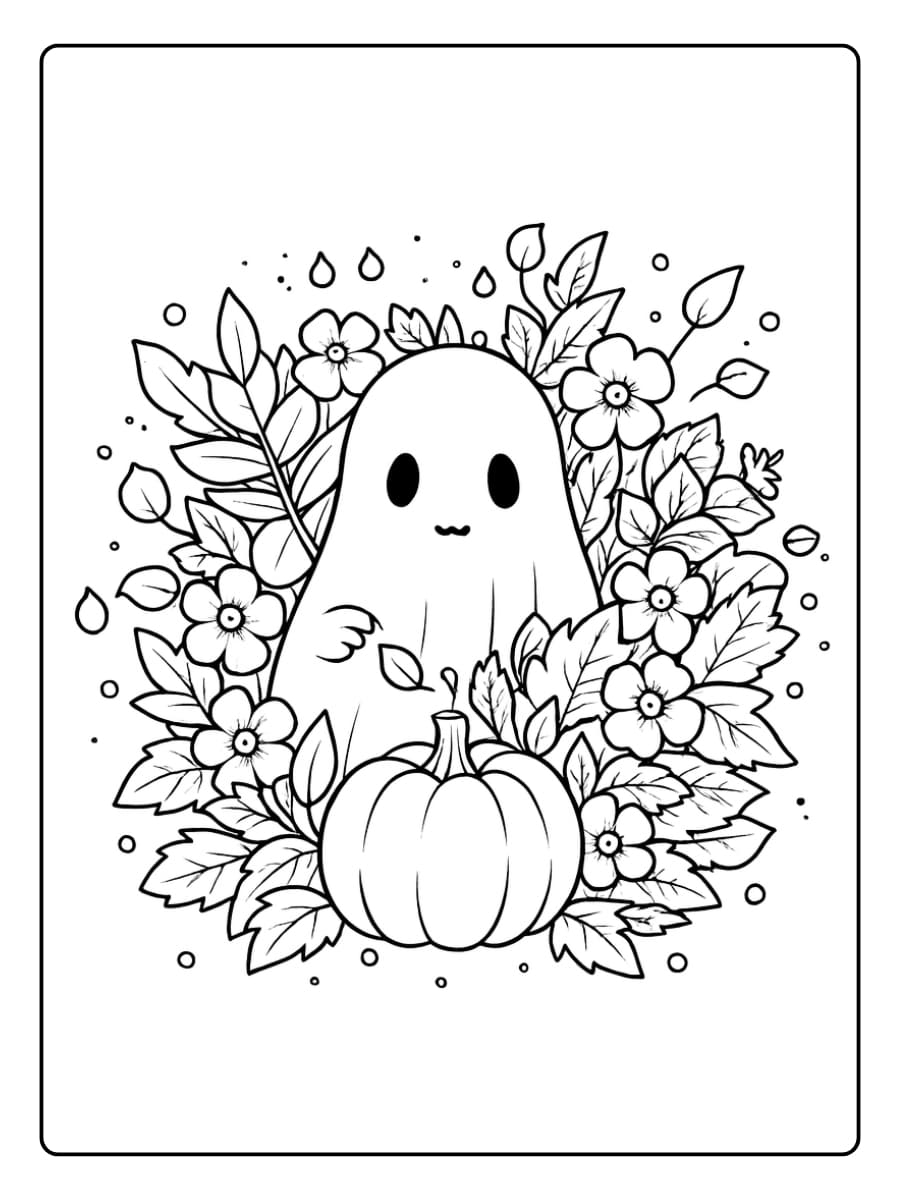 Kleurplaat spookje zit tussen herfstbladeren en een pompoen