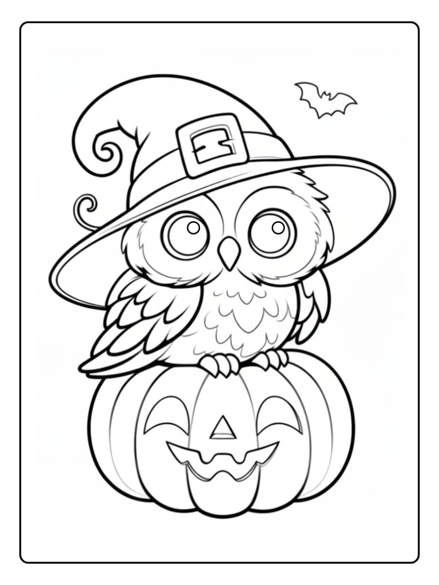 Kleurplaat uil met een heksenhoed zit op een pompoen voor Halloween Kleurplaat uil met een heksenhoed zit op een pompoen voor Halloween