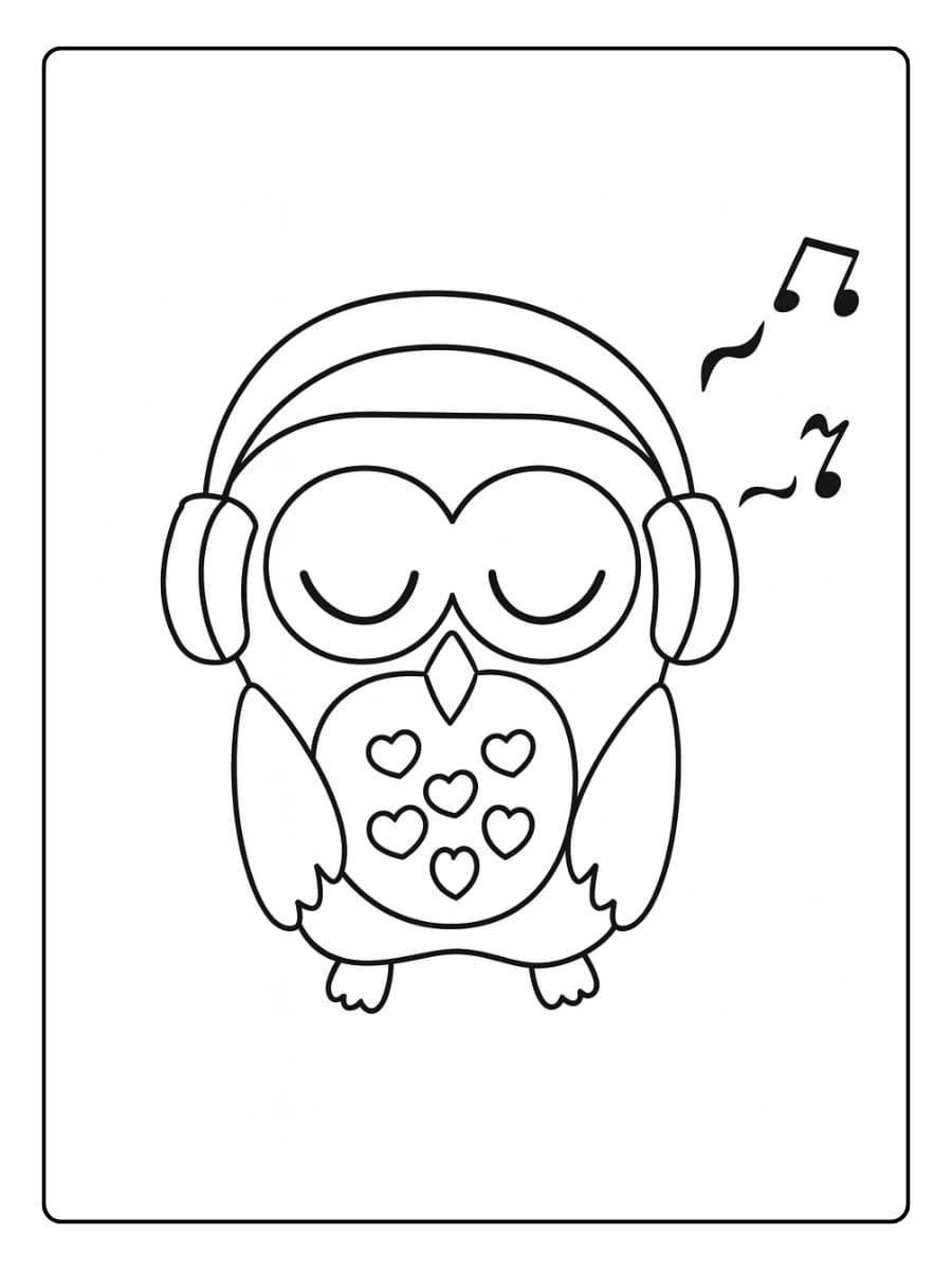 Kleurplaat uil met een koptelefoon luistert naar muziek Kleurplaat uil met een koptelefoon luistert naar muziek