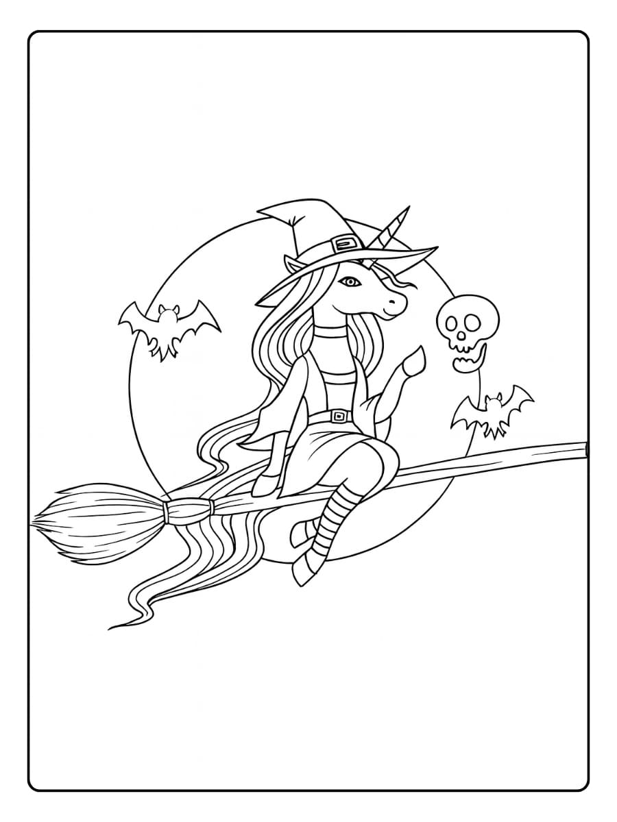 Kleurplaat unicorn heks vliegt op een bezem voor de volle maan