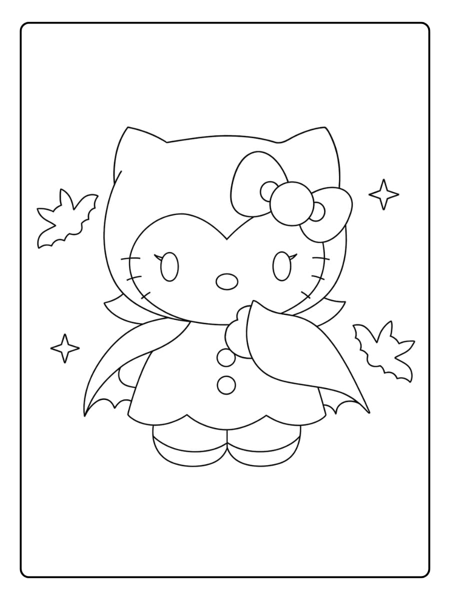 Kleurplaat vampier Hello Kitty met vleermuizen eromheen Kleurplaat vampier Hello Kitty met vleermuizen eromheen