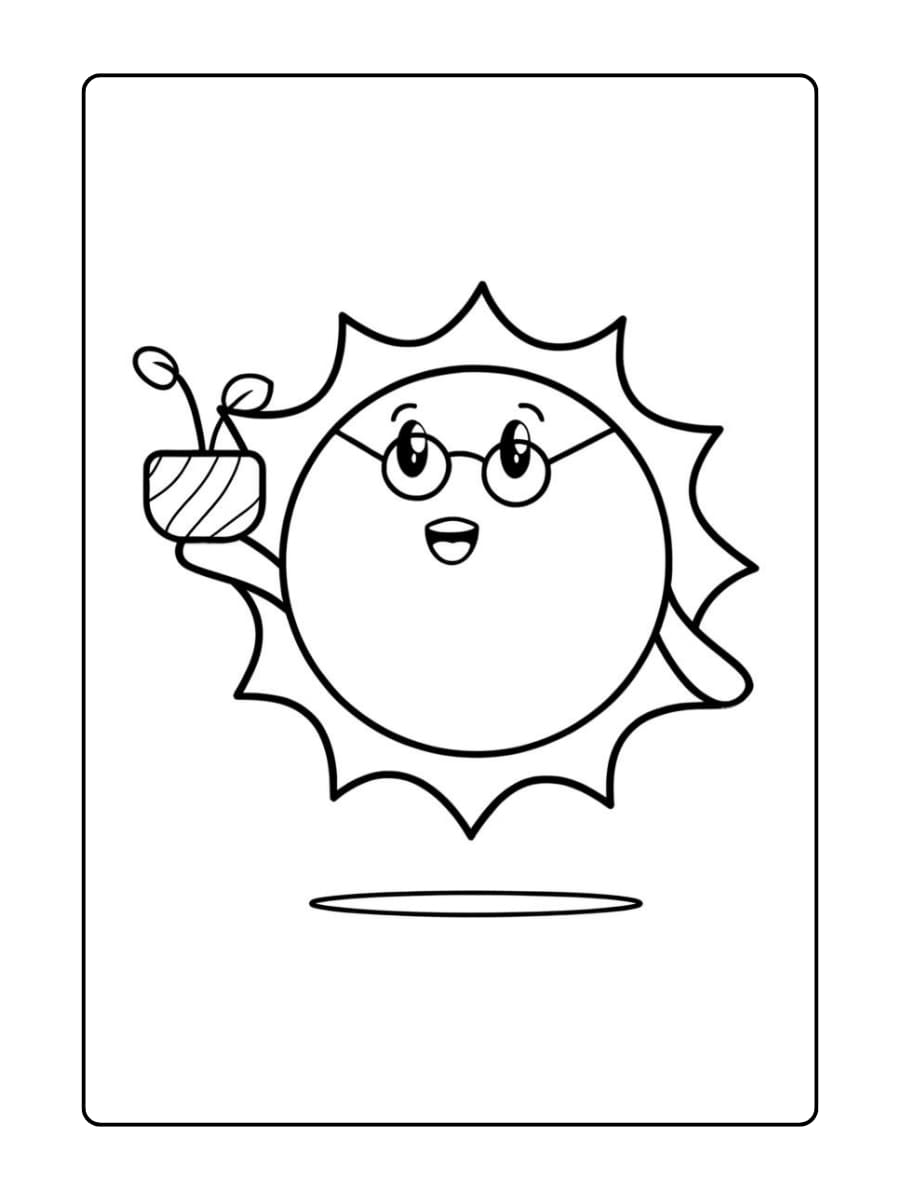 Kleurplaat zon met bril houdt een klein plantje vast