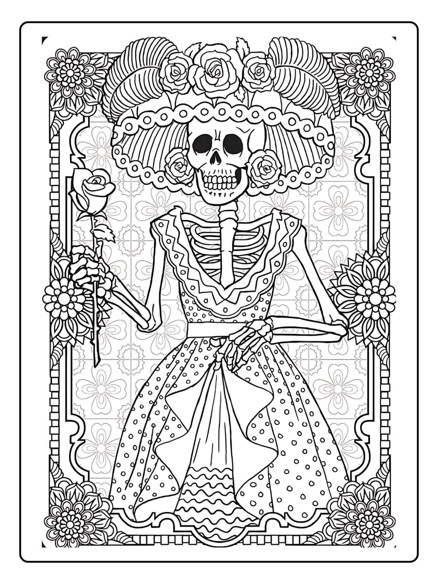 Moeilijke doodshoofd kleurplaat in Mexicaanse stijl (Día de los Muertos)