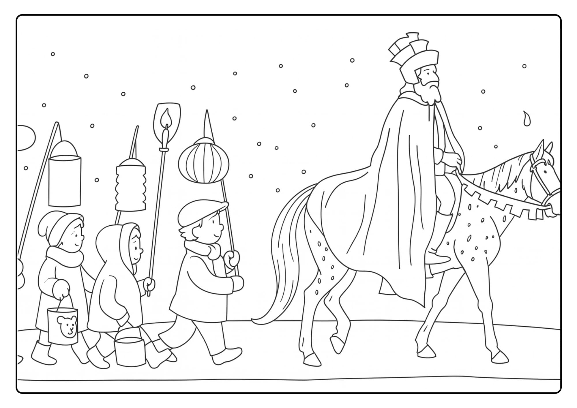 Sint Maarten rijdt op een paard terwijl kinderen met lampionnen meelopen