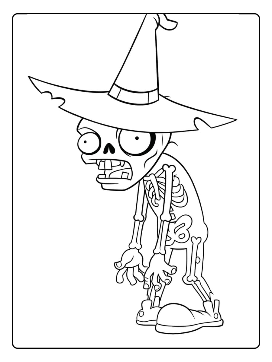 Kleurplaat Skeletzombie met heksenhoed Kleurplaat Skeletzombie met heksenhoed