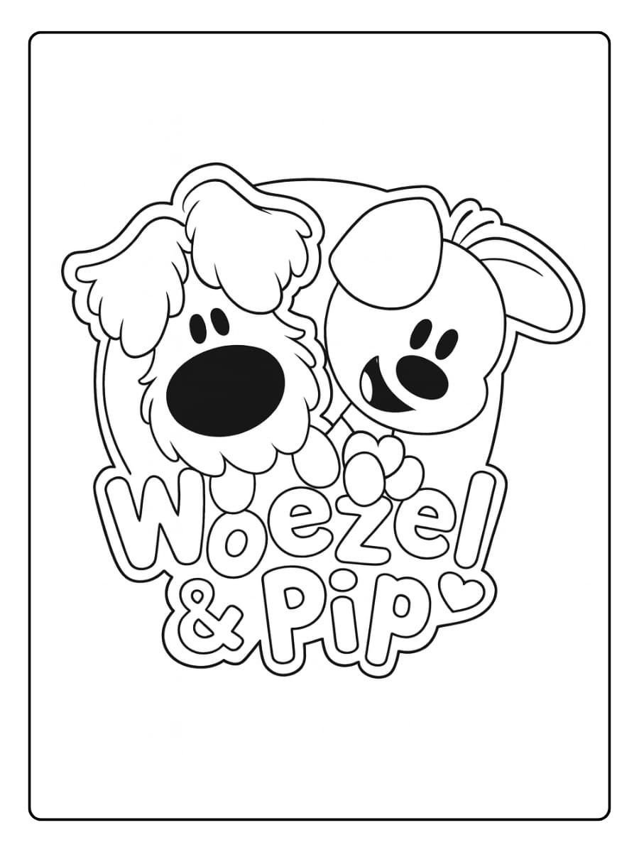 Kleurplaat Woezel en Pip, met hun naam eronder in speelse letters