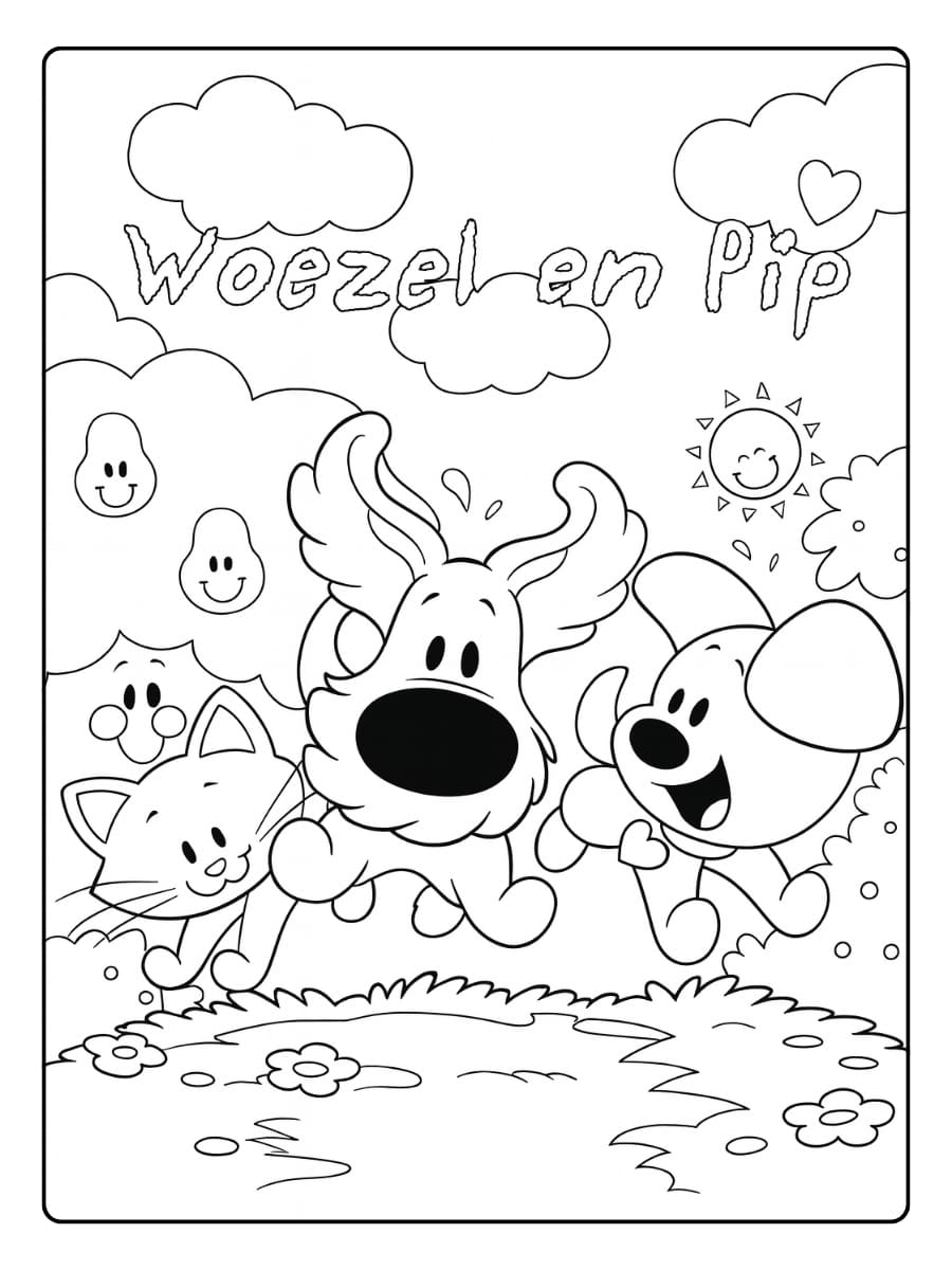 Kleurplaat Woezel en Pip springen vrolijk met hun vriendjes in een kleurrijk landschap