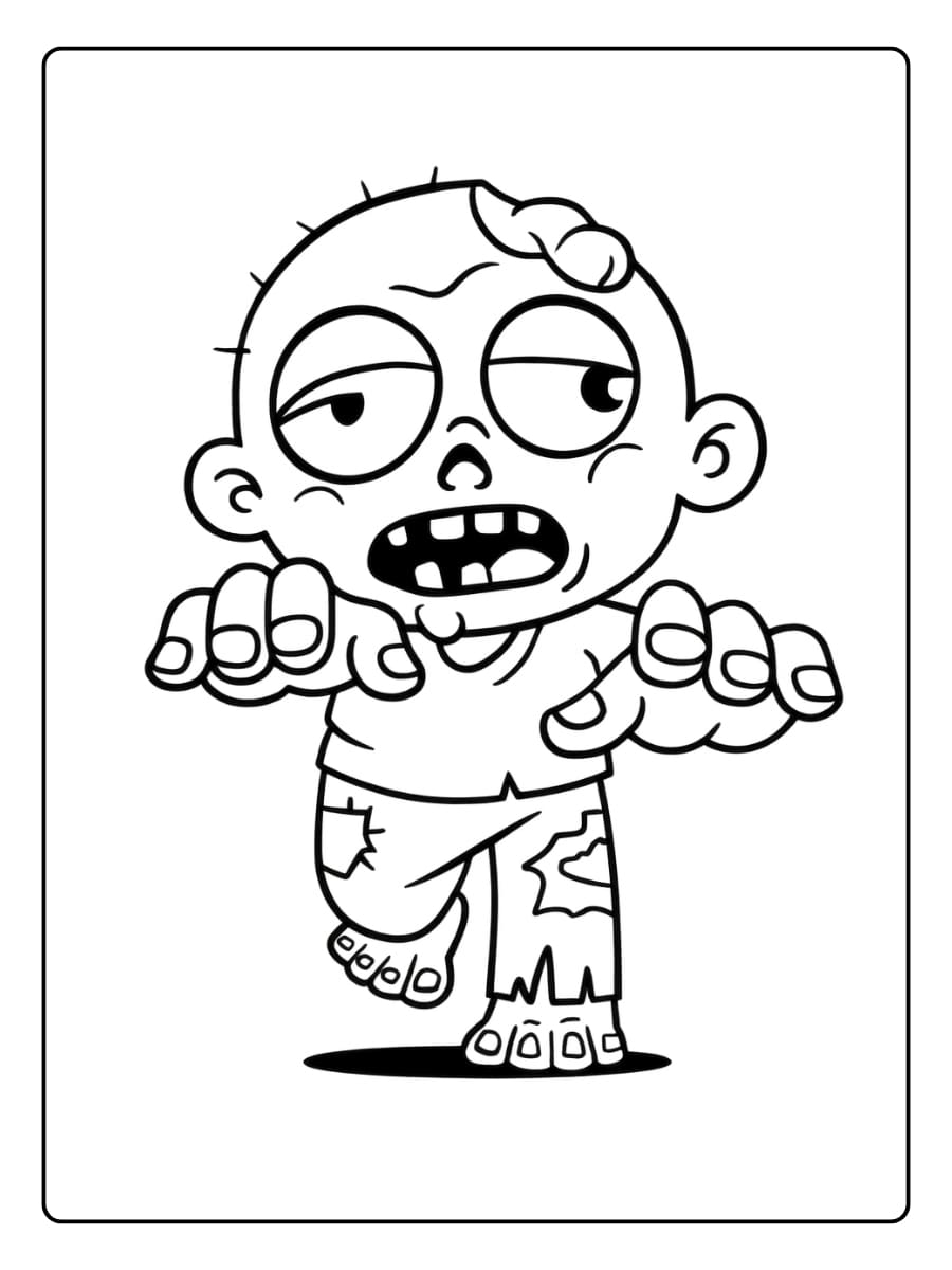 Kleurplaat grappige groene zombie met gescheurde kleren en een stukje hersenen zichtbaar Kleurplaat grappige groene zombie met gescheurde kleren en een stukje hersenen zichtbaar