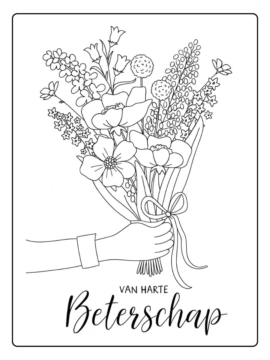 kleurplaat beterschap bloemen vast met de tekst ‘Van harte beterschap’ eronder ”