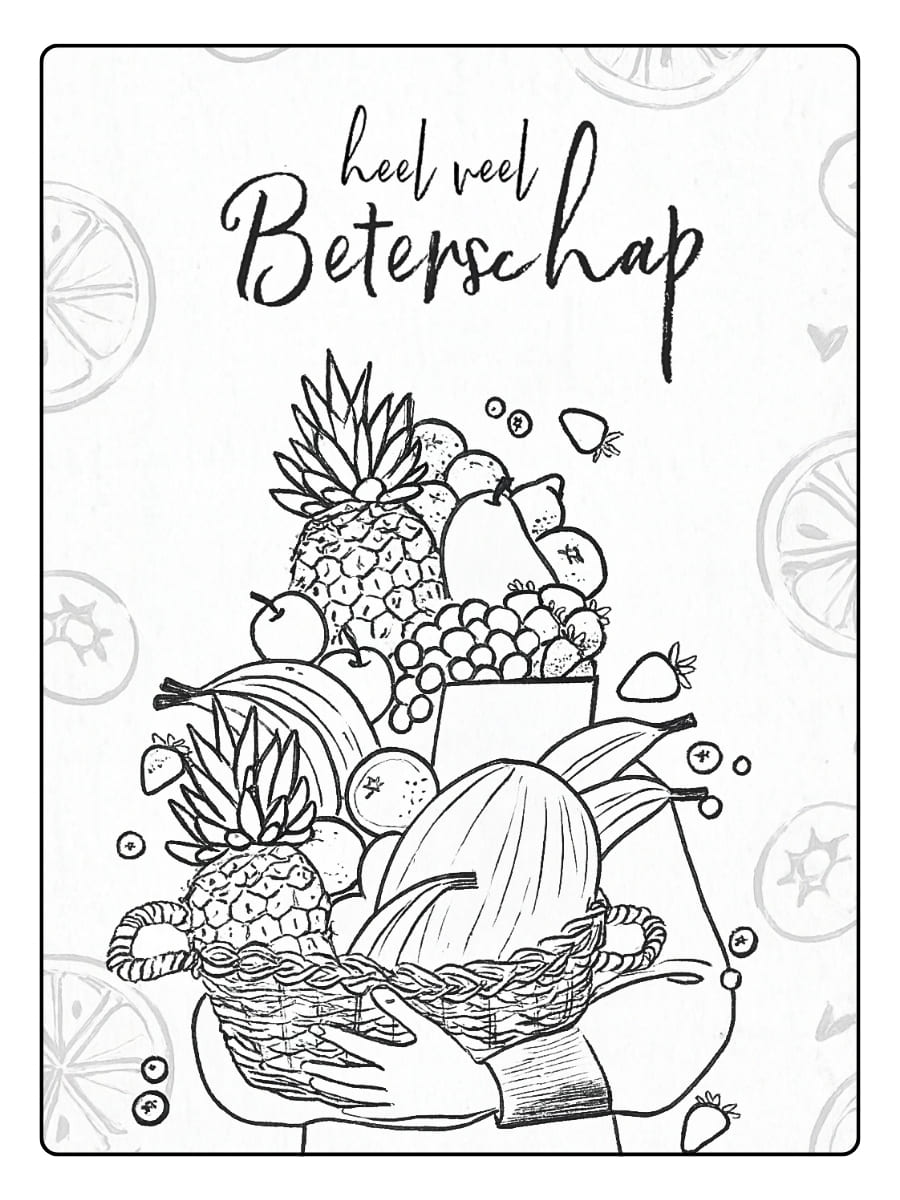 kleurplaat beterschap met een mand vol vers fruit